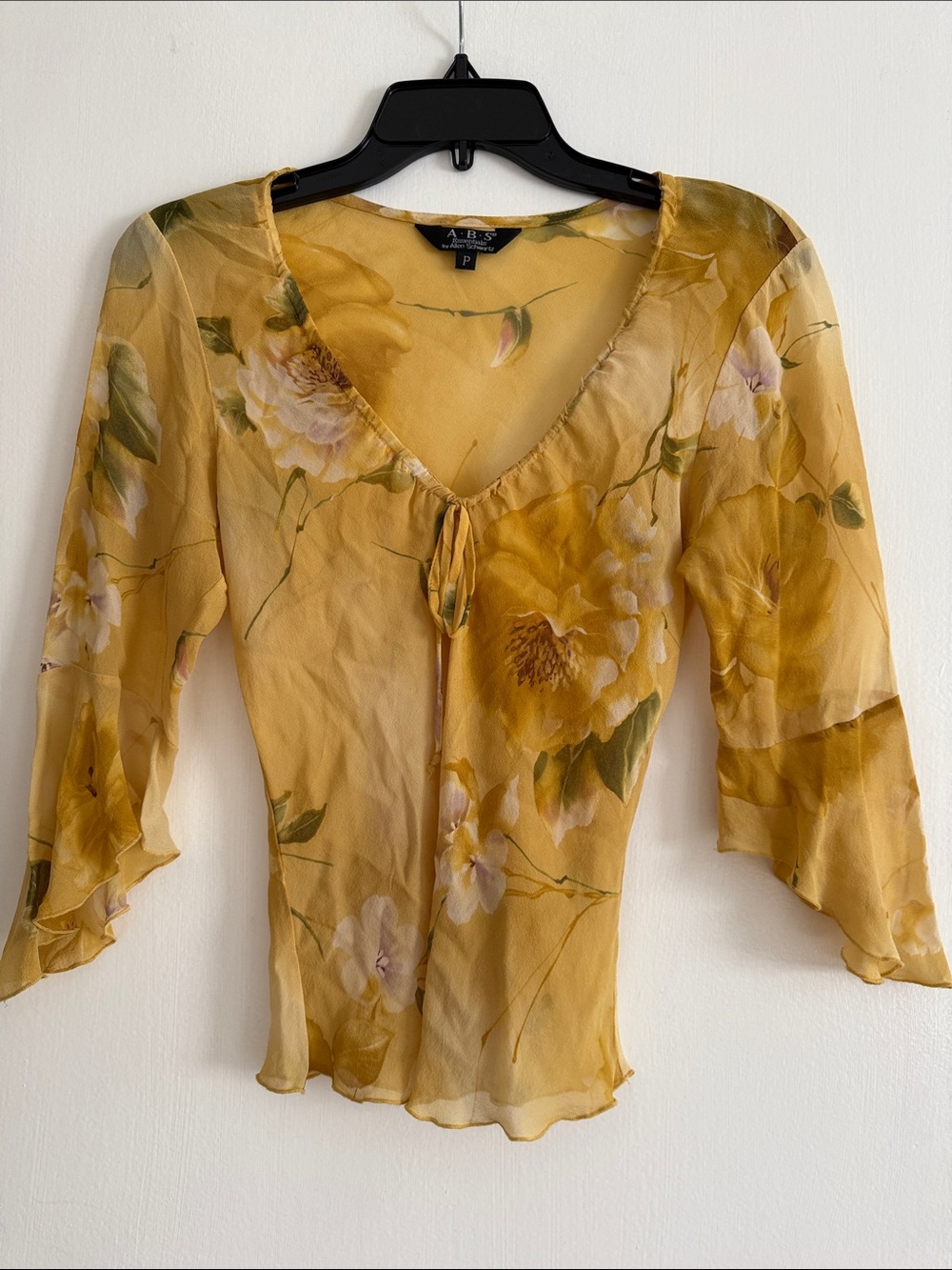 ABS Allen Schwartz Yellow Floral Tie-Front Sheer Blouse